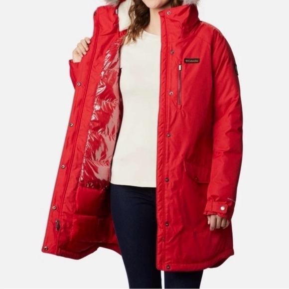 Columbia Size L, Lily Red Subtle Mountain Winter Parka with detachable fur, hood - Picture 3 of 6